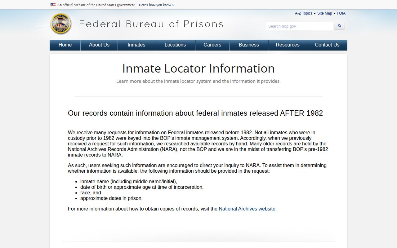 Bureau of Prisons inmate locator record coverage guidance