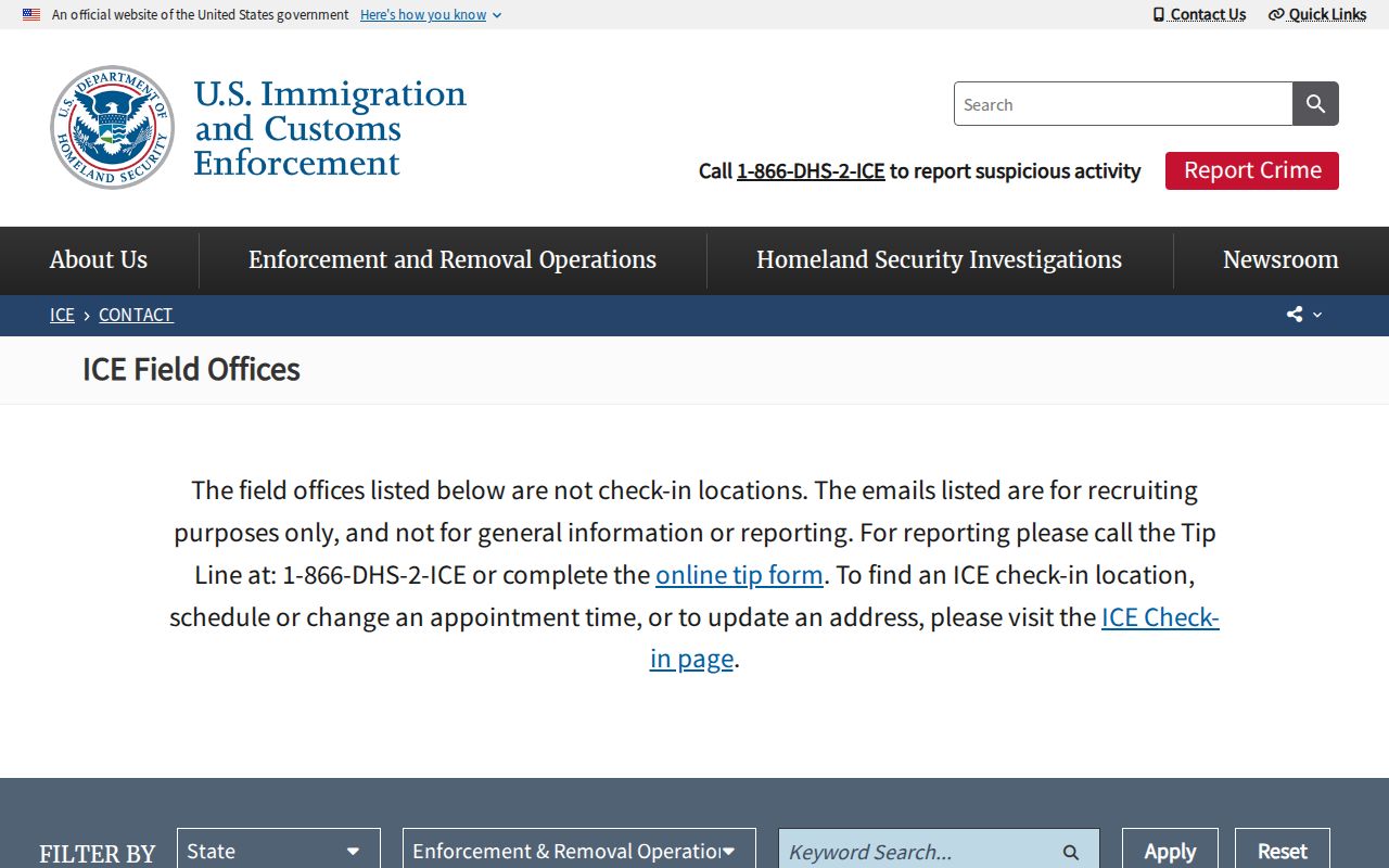 ICE Enforcement and Removal Operations contact directory