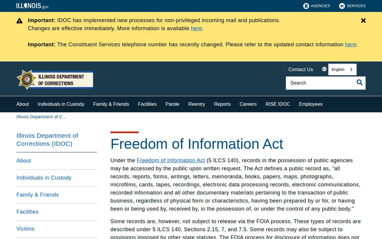 Illinois Department of Corrections archived record request page