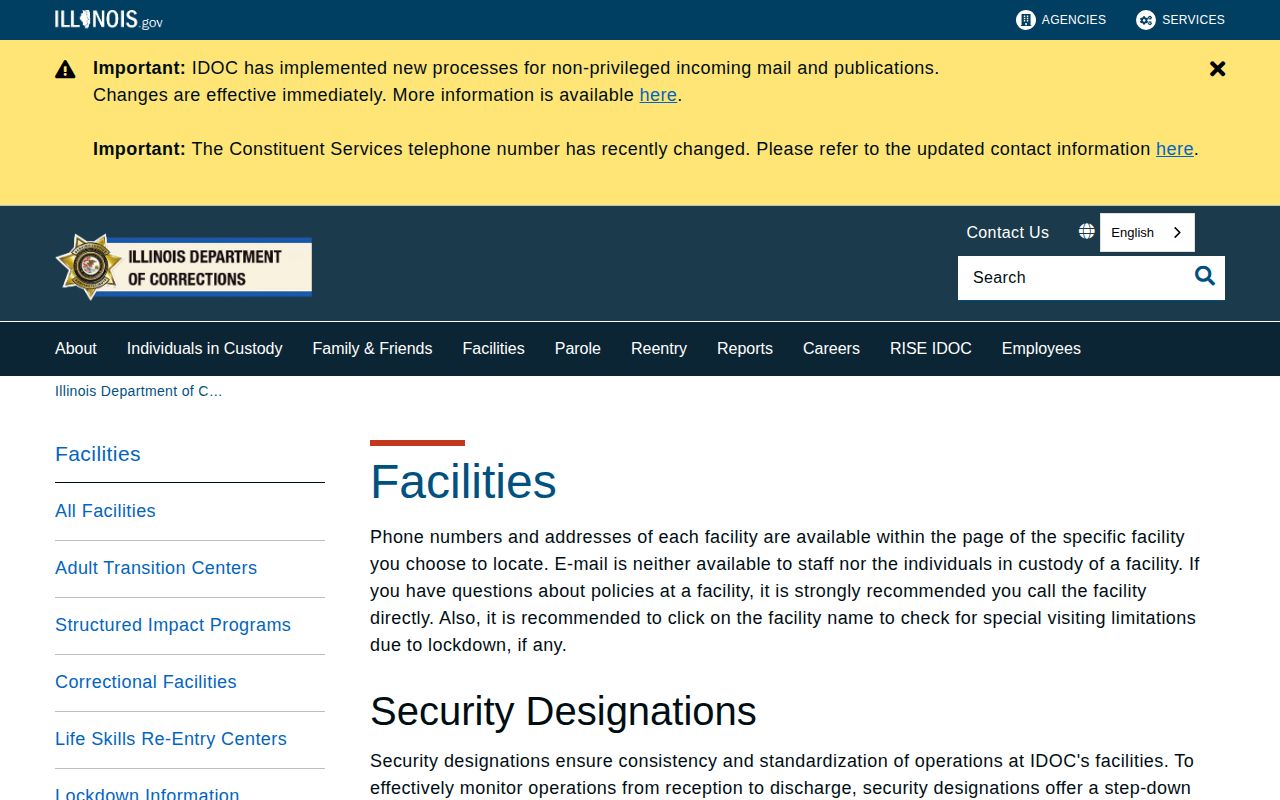 Illinois Department of Corrections official facility directory